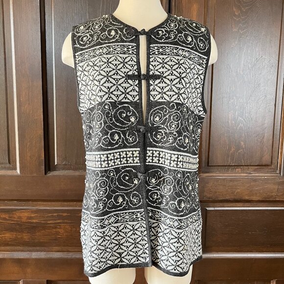 Theo Miles Vintage Pearl Beaded Sweater Vest Gray Sleeveless Wool Blend Missy - Picture 1 of 10